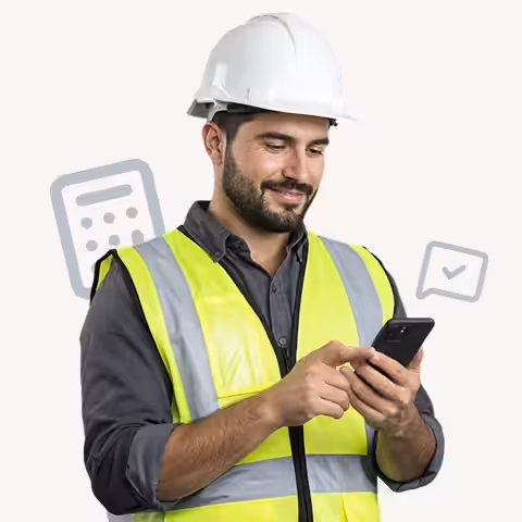 Contractor in a hard hat smiling at his phone, with calculator and approval icons