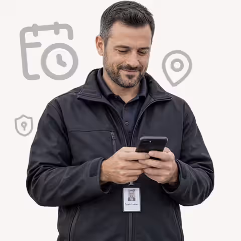 Technician with an ID badge checking his phone, with calendar, location and shield icons