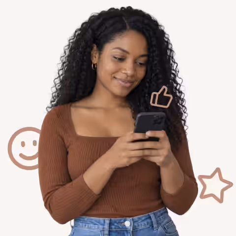 Smiling woman typing on her phone, with thumbs up, smiley and star icons