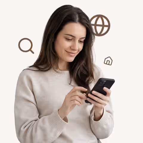 Smiling woman browsing on her phone, with search, globe and home icons