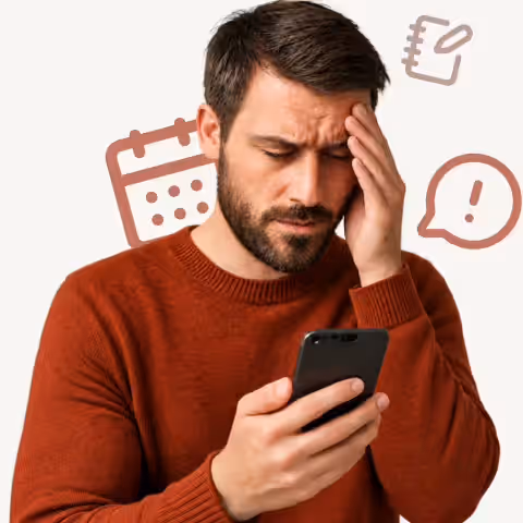 Stressed contractor looking at his phone, surrounded by calendar and alert icons