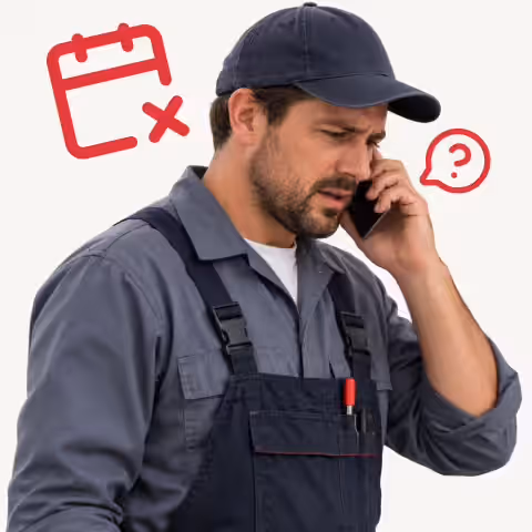 Frustrated technician on the phone next to a cancelled-calendar icon and a question mark