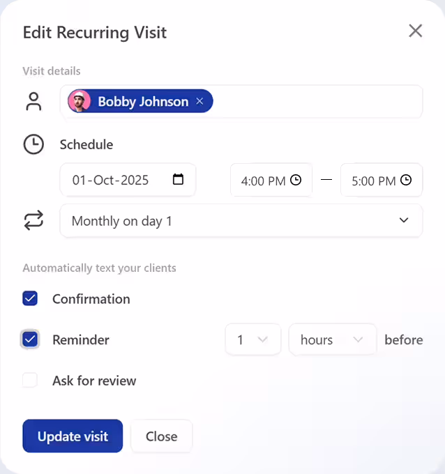 Editing a recurring visit in FieldVibe