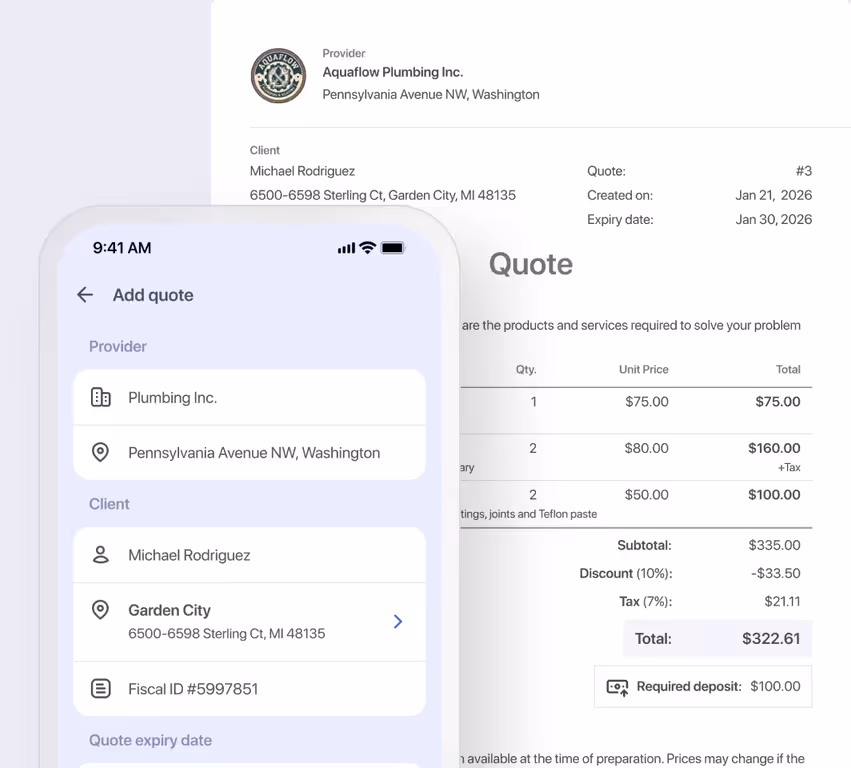 Add quote screen on a phone in front of a finished quote