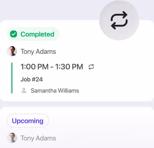 Recurring visits for Tony Adams, one marked Completed and the next Upcoming