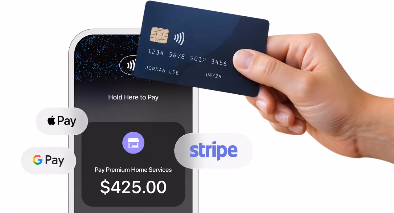 Card tapped on a phone to pay $425.00, with Apple Pay, Google Pay and Stripe
