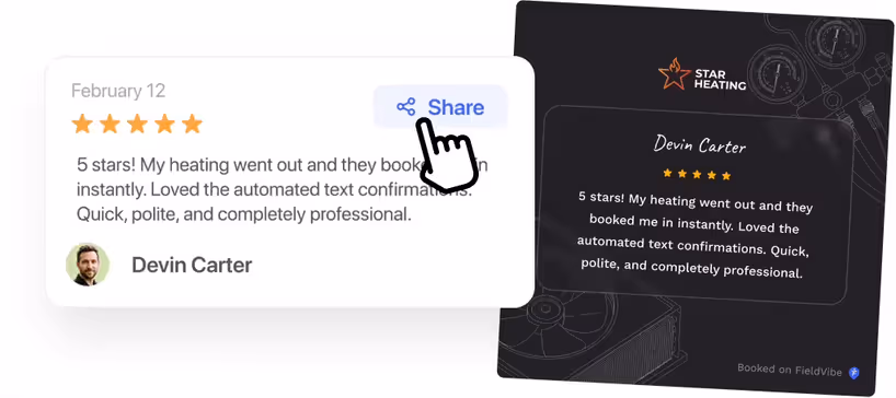 Five-star client review with a Share button, turned into a branded social post