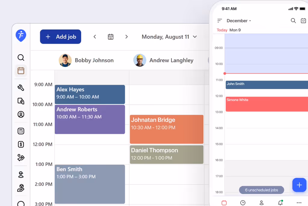 Day calendar with jobs per team member on desktop, next to a month view on a phone
