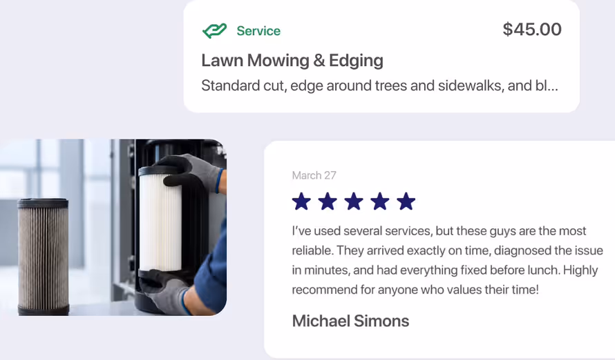 Website listing a lawn mowing service, a job photo and a 5-star client review