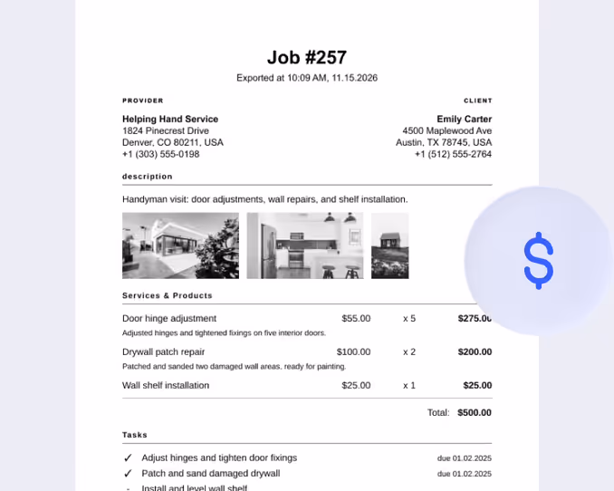 Job report PDF with line items and a revenue icon