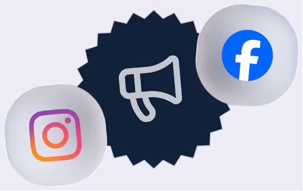 Megaphone badge between Instagram and Facebook icons
