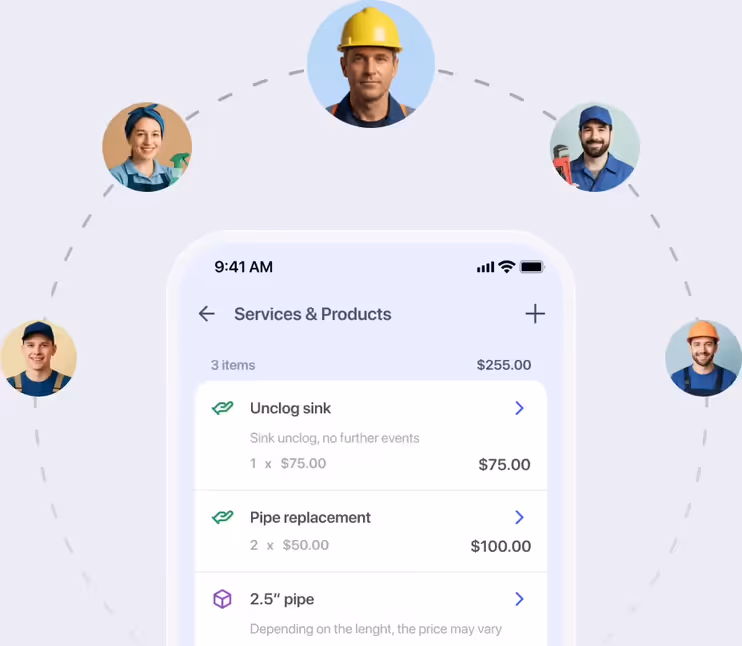 Team members around a shared services and products list on a phone