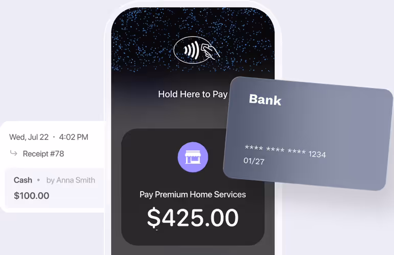 Tap to Pay on iPhone taking $425.00, a bank card and the recorded payment