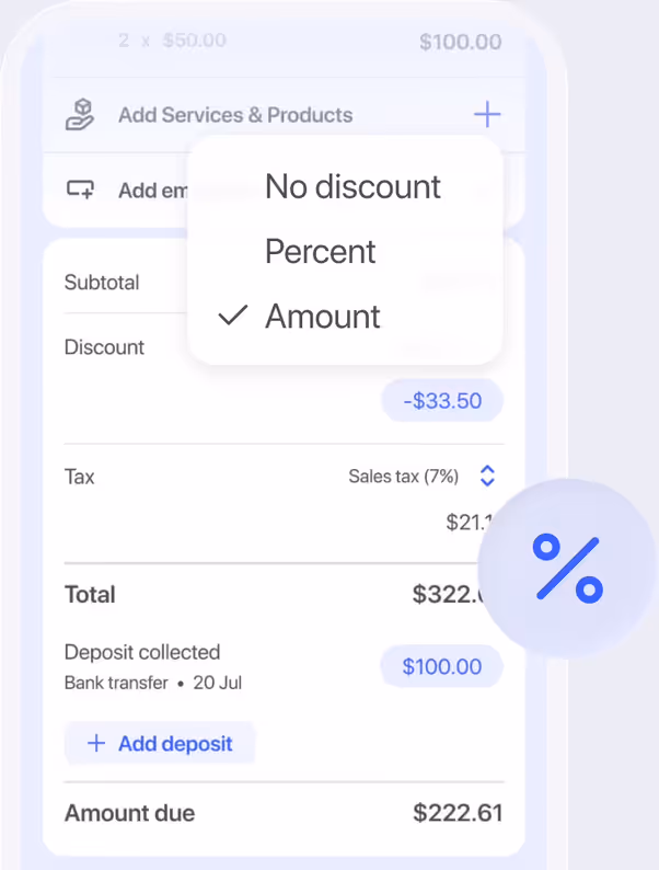 Invoice totals with a discount type menu, sales tax and a collected deposit