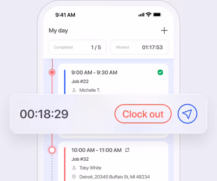 Day schedule on a phone with a running job timer and a Clock out button