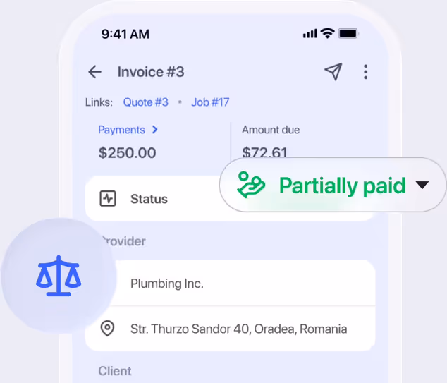 Invoice on a phone with a Partially paid status and the amount due