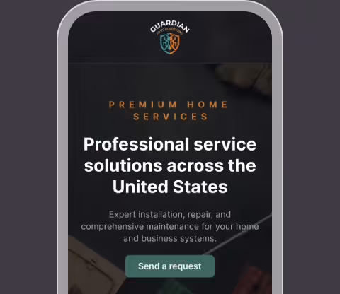 Pest control business website on a phone with a Send a request button