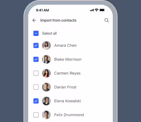 Import from contacts screen with clients selected