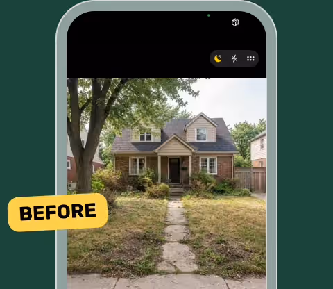 Phone camera showing an overgrown front yard, labeled Before
