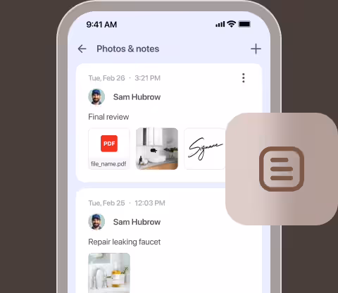 Photos and notes on a job, with a PDF, photos and a signature attached