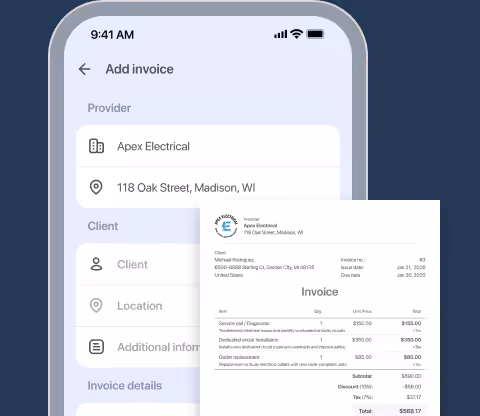 Add invoice screen for an electrical business with the invoice preview
