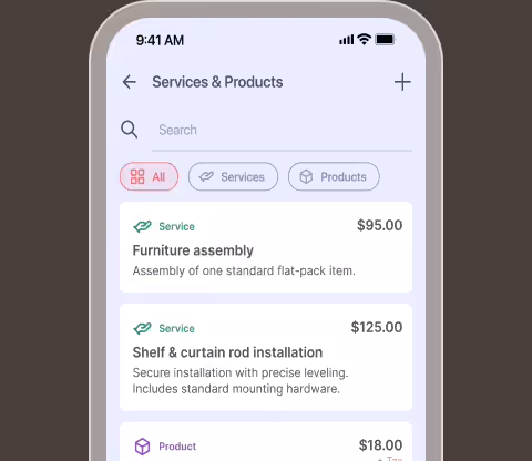Services and products list with furniture assembly and shelf installation