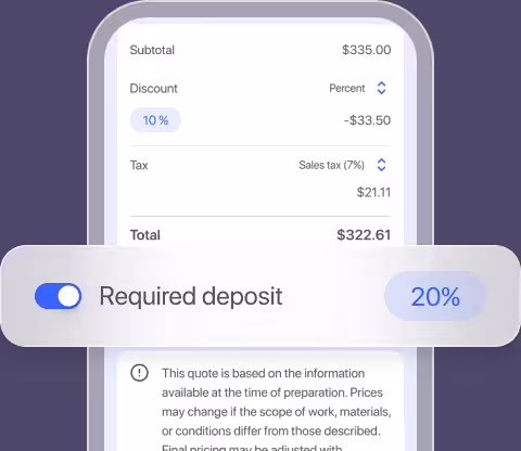 Quote totals with a 20% required deposit switched on