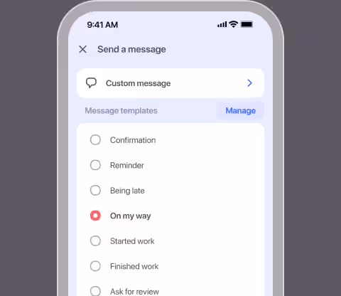 Send a message screen with the On my way template selected