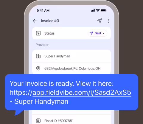 Text message with an invoice link over the sent invoice