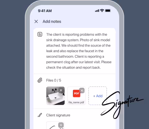 Add notes screen with a note, attached files and a client signature