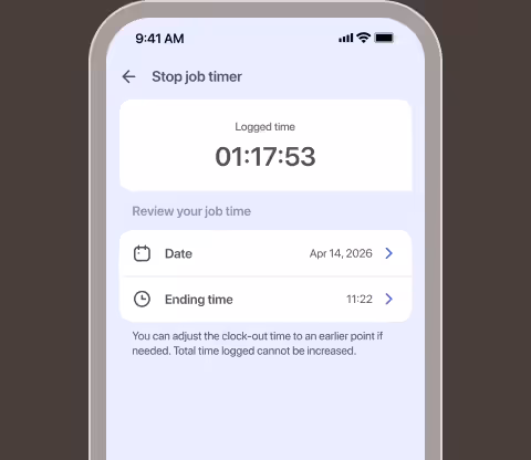 Stop job timer screen showing 01:17:53 of logged time