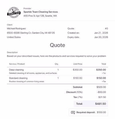 Cleaning quote with deep and standard cleaning line items