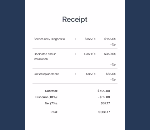 Digital receipt listing the electrical services and the total paid
