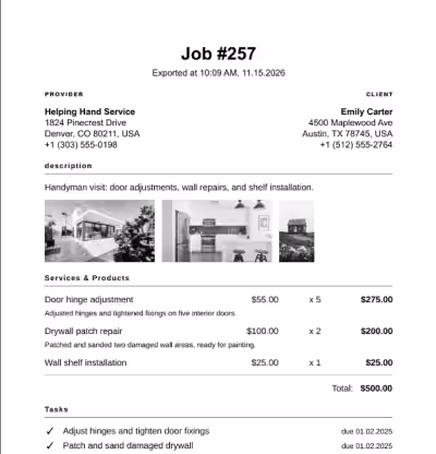Exported PDF of a handyman job with photos, services and tasks