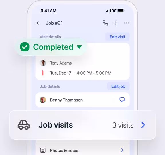 Job with a visit marked Completed and a list of 3 job visits