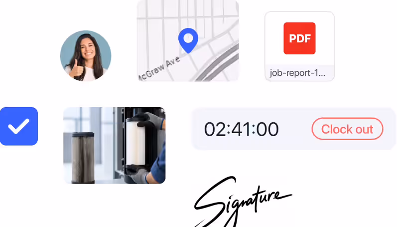Completed task, job photo, time tracker, PDF job report and client signature