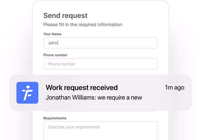Online work request form with a 'Work request received' notification