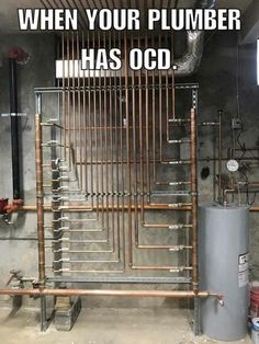 Plumbing meme depicting a perfectly-installed heating system and reffering to the plumber as having OCD