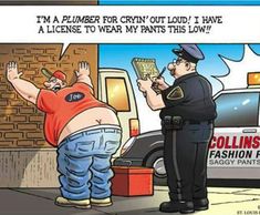 Plumbing meme depicting a plumber being fined by a police officer for showing his butt crack publickly