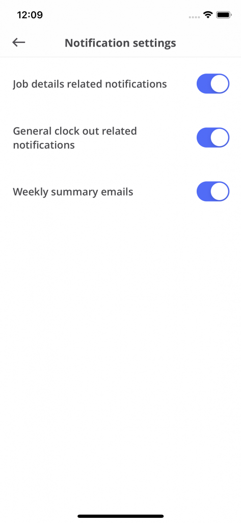 Notifications settings screen in FieldVibe - the best scheduling app for field service professionals