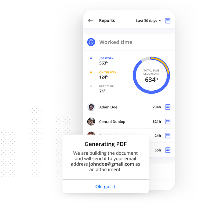 Worked time reports in FieldVibe's field service management software