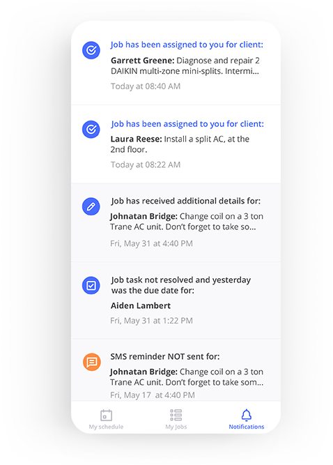 Automated job notifications in FieldVibe field service management software 